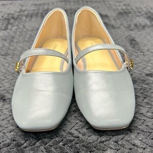 C. PARAVANO GREY LEATHER MARY JANE FLATS WITH GOLD BUTTON DETAIL W 40/9.5